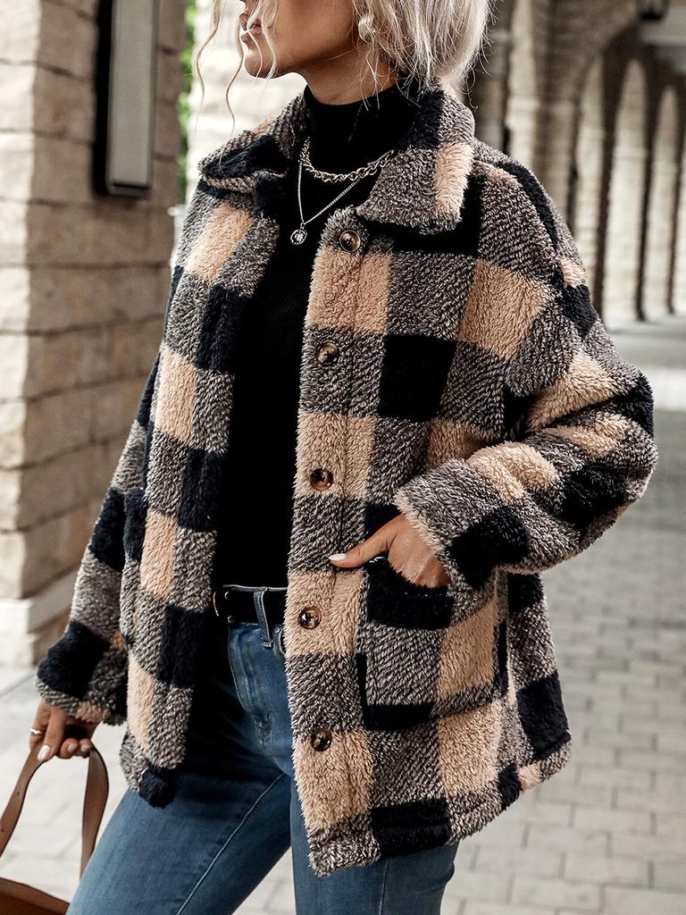 Women'S Plaid Check Faux Fur Coat with Double Pockets - Stylish Fall/Winter Outerwear, Button-Up, Fall Winter Coat | Check Pattern Coat