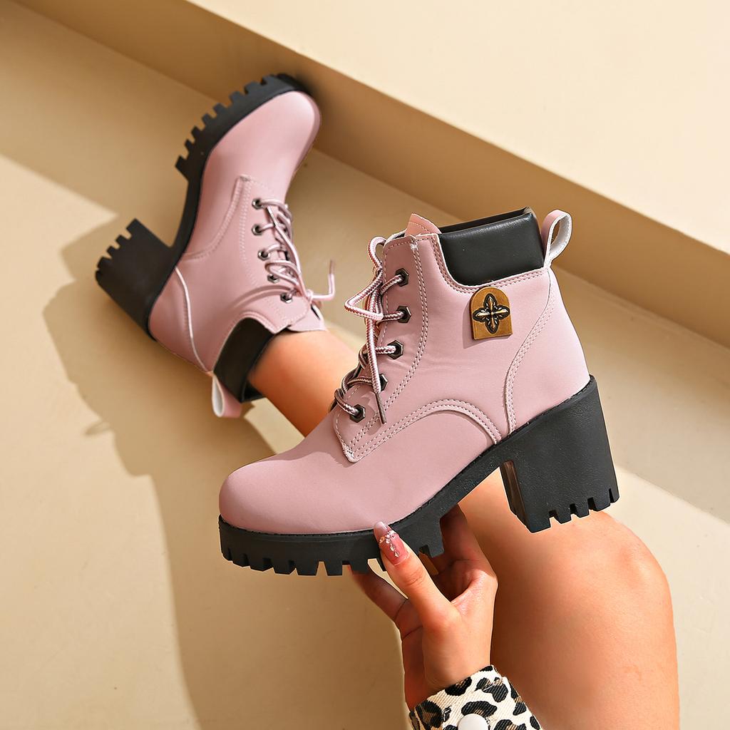 2025 New Winter Women Heels Boots High Quality Lace-up Designer Shoes Casual Comfortable Heels Ankle Boots for Women