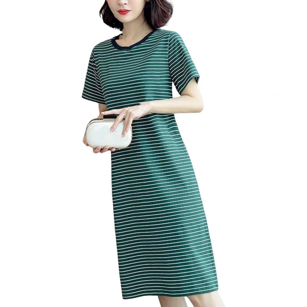 Women Casual Striped Middle Dress Short Sleeve Loose Round Neck Summer Lightweight Comfortable Office Beach Party Dress