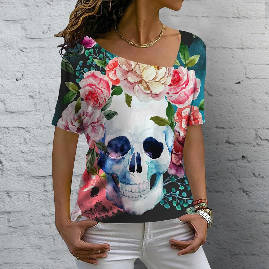 Винтажная женская футболка с черепом и 3D принтом, косой воротник, блузки, повседневный пуловер с короткими рукавами, топы, летняя одежда больших размеров, футболки