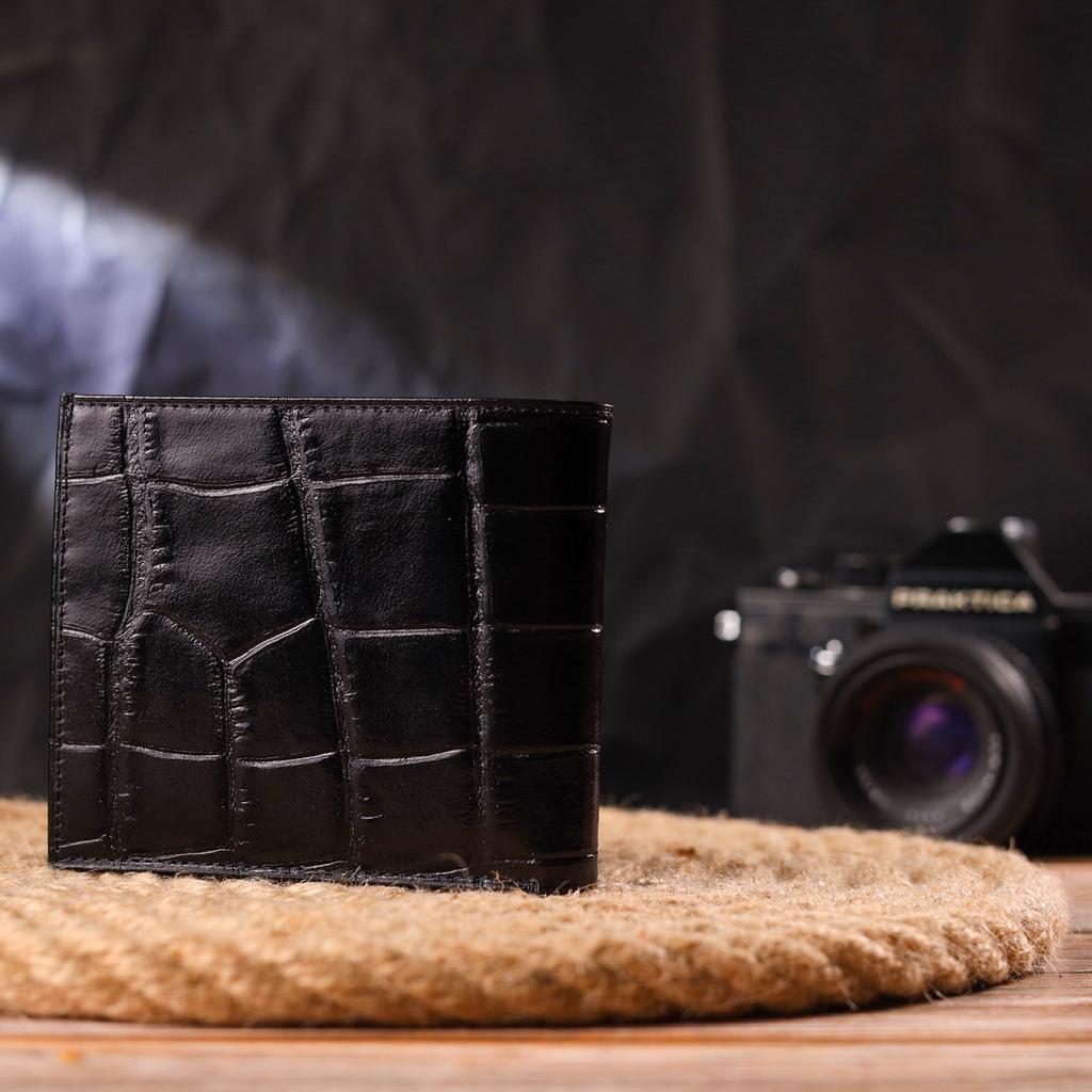 Качественный мужской кошелек в два сложения из натуральной фактурной кожи с тиснением под крокодила CANPELLINI Purse 21584 Черный