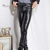 Men Solid Color Faux Leather Multi Pockets Skinny Pants Stage Club Long Trousers