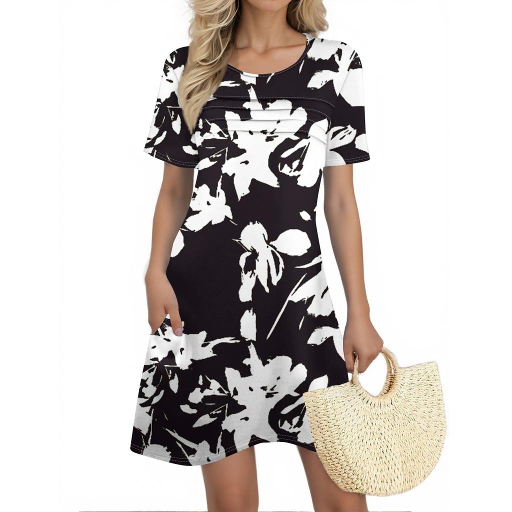 Женские летние платья Женские летние платья с цветочным принтом Повседневные платья с коротким рукавом и круглыми карманами