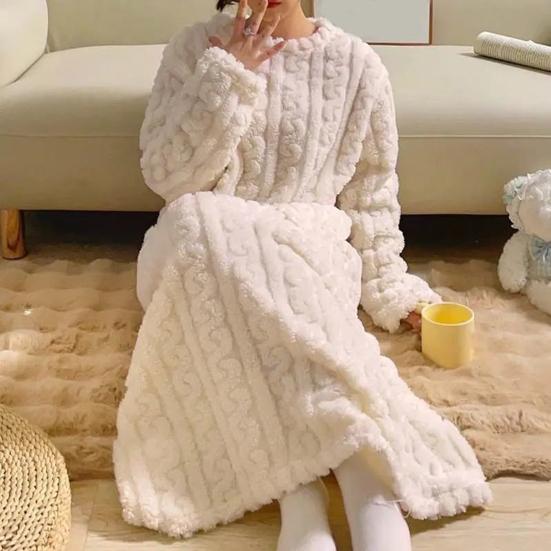 Women's Flannel Nightgown Fuzzy Fleece Sleepdress Loose Crew Neck Long Nightdress with Pockets Cozy Plush Warm Winter Pullover Loungewear