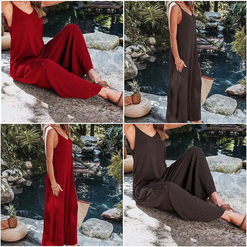 1Set Polyester Fiber Fashion Knitting Sexy Backless Solid Color Trousers Casual with The Pocket Women's Suspender Jumpsuit