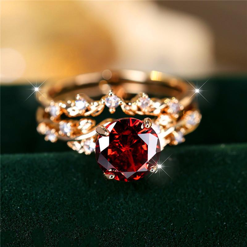Luxury Female Crystal Red Zircon Stone Engagement Ring Set Cute Wedding Jewelry For Women