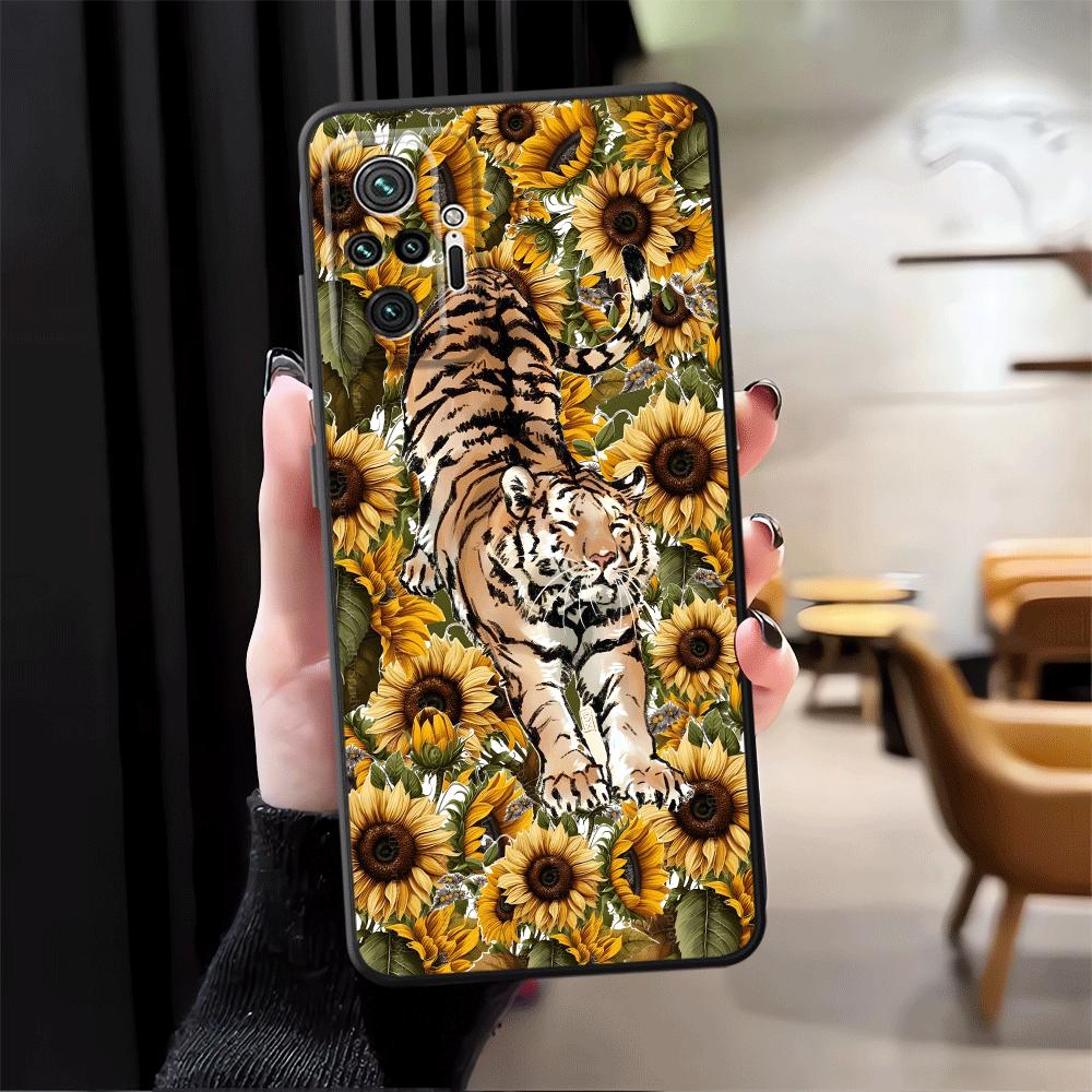 Cartoon Sunflower Tiger Case for Xiaomi Redmi Note 12s 11s 10S 9 10 11 12 Pro 7 8 9S 13 14 Pro Plus Black Soft Phone Cover