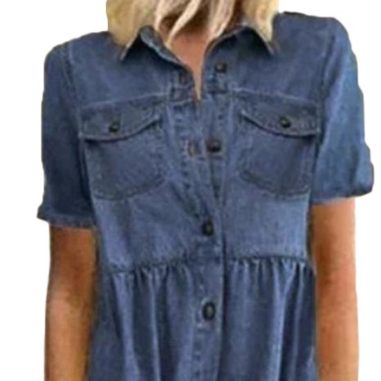 Spring Summer Demin Dress Solid Color Single Breasted Long A-Line Dress for Office