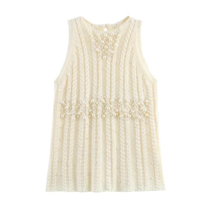 French Sweet Style Knit Top Round Neck Faux Pearl Embellishment Loose Fit Sleeveless Women