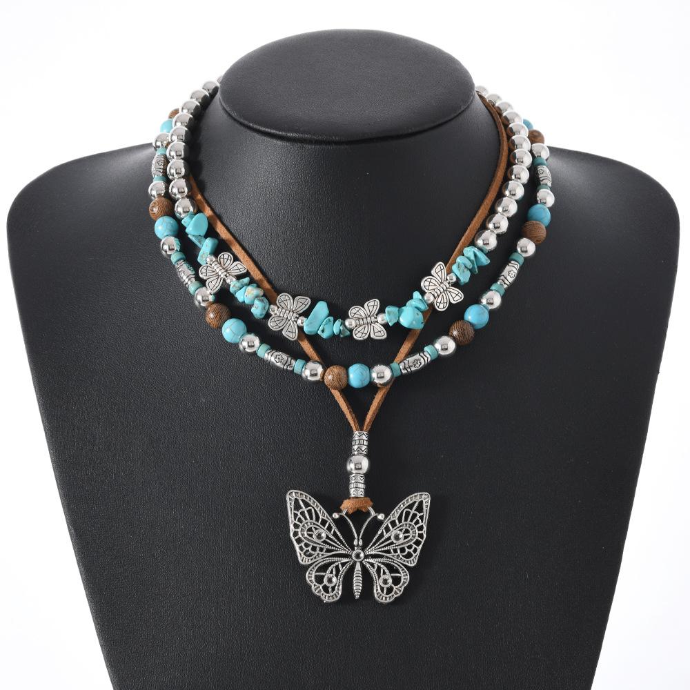 Butterfly-shaped Wooden Beaded Double-layer Necklace, Women's Retro-style Woven Rope Collarbone Chain