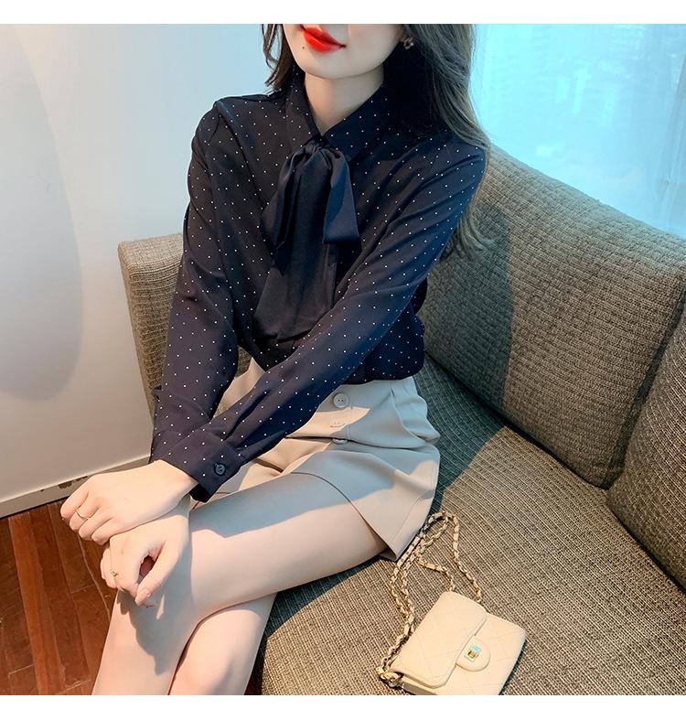 Шифоновая блузка в горошек с бантом - Женская осенняя мода с длинным рукавом