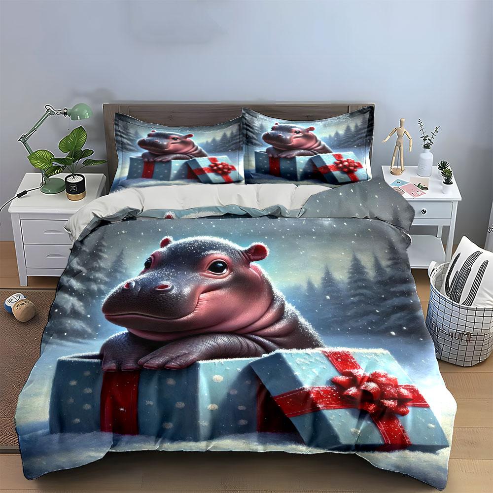 Baby Hippo in Snowy Gift Box Bedding Duvet Cover Set (1*Duvet Cover 2*Pillowcases, without duvet insert)