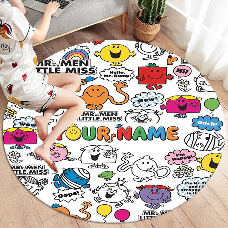 Mr. Men Little Miss Custom Name Round Area Rug,Carpet Rug for Living Room Bedroom Sofa Playroom Decor,Non-slip Floor Mat