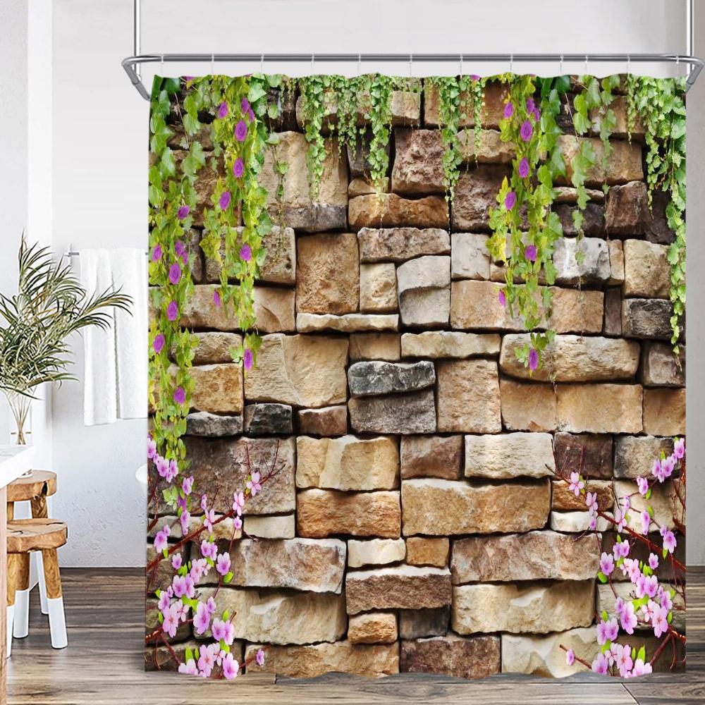 Green Vines Brick Wall Shower Curtain Pink Flowers European Garden Arch Door Bathroom Decorations Vintage Bath Curtain with Hook