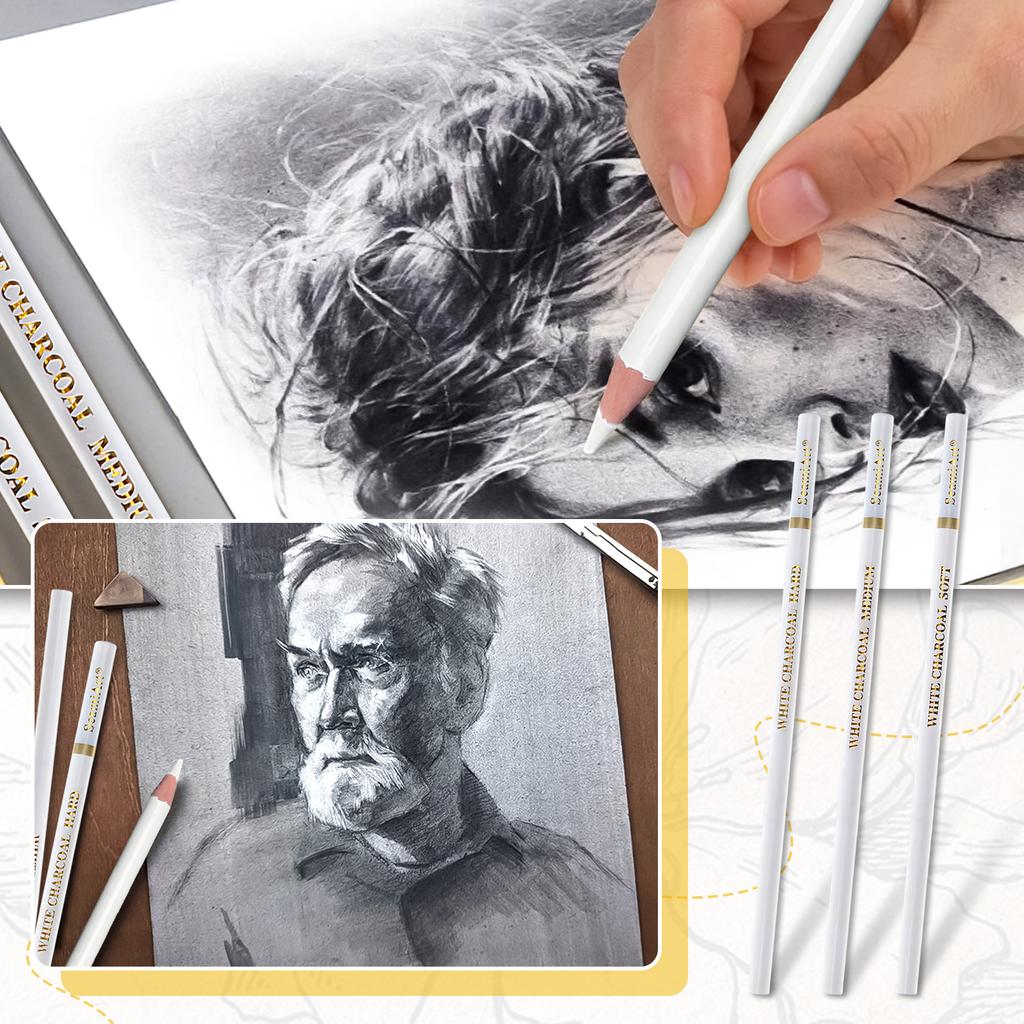 3 шт. белые заточенные карандаши для рисования, живописи, гладкие, профессионального класса, прочные, с грифелем, хайлайтер, угольные карандаши