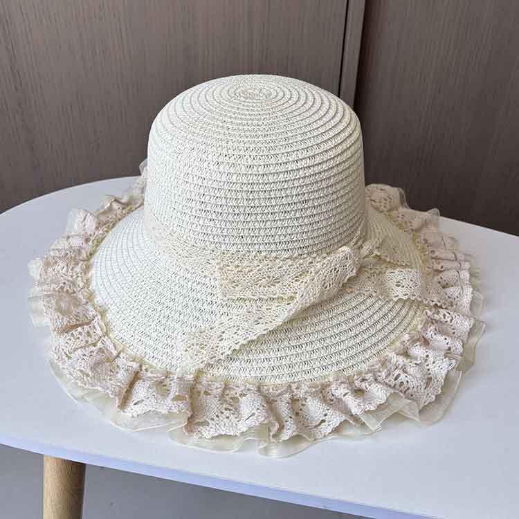 Ladies' Straw Hat Summer Lace Ribbon Sun Hat Sweet and Fashionable Beach Hat Summer Sun Protection Big Brimmed Cool Hat