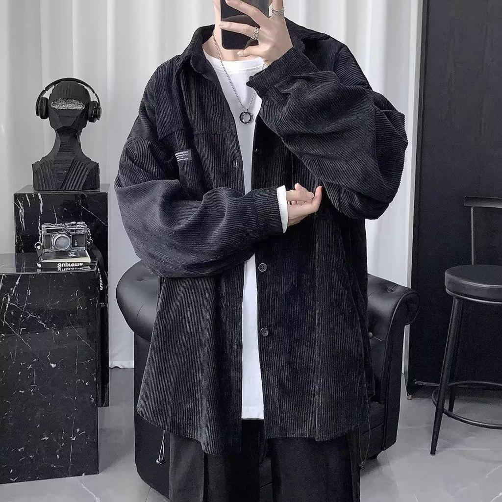 Men's Black Corduroy Velvet-Lined Winter Jacket: Warm, Handsome, Retro Casual Shirt
