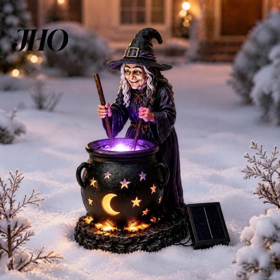 Magic Potion Cauldron Statue Solar Witch with Glowing Cauldron, Outdoor Halloween Garden Light, Decor Resin Decorative Figurine for Yard Lawn