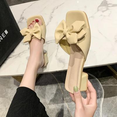 Летние туфли на квадратном каблуке женские мюли зеленые бабочка-узлы шлепанцы сандалии женские
