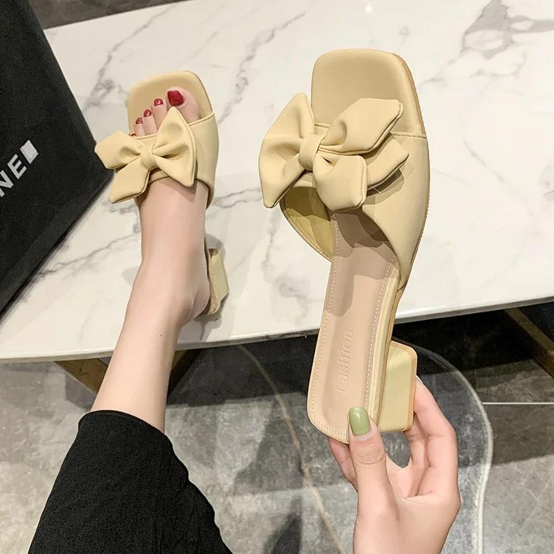 Модные летние туфли на квадратном каблуке женские мюли зеленые бабочка-узлы сандалии женские