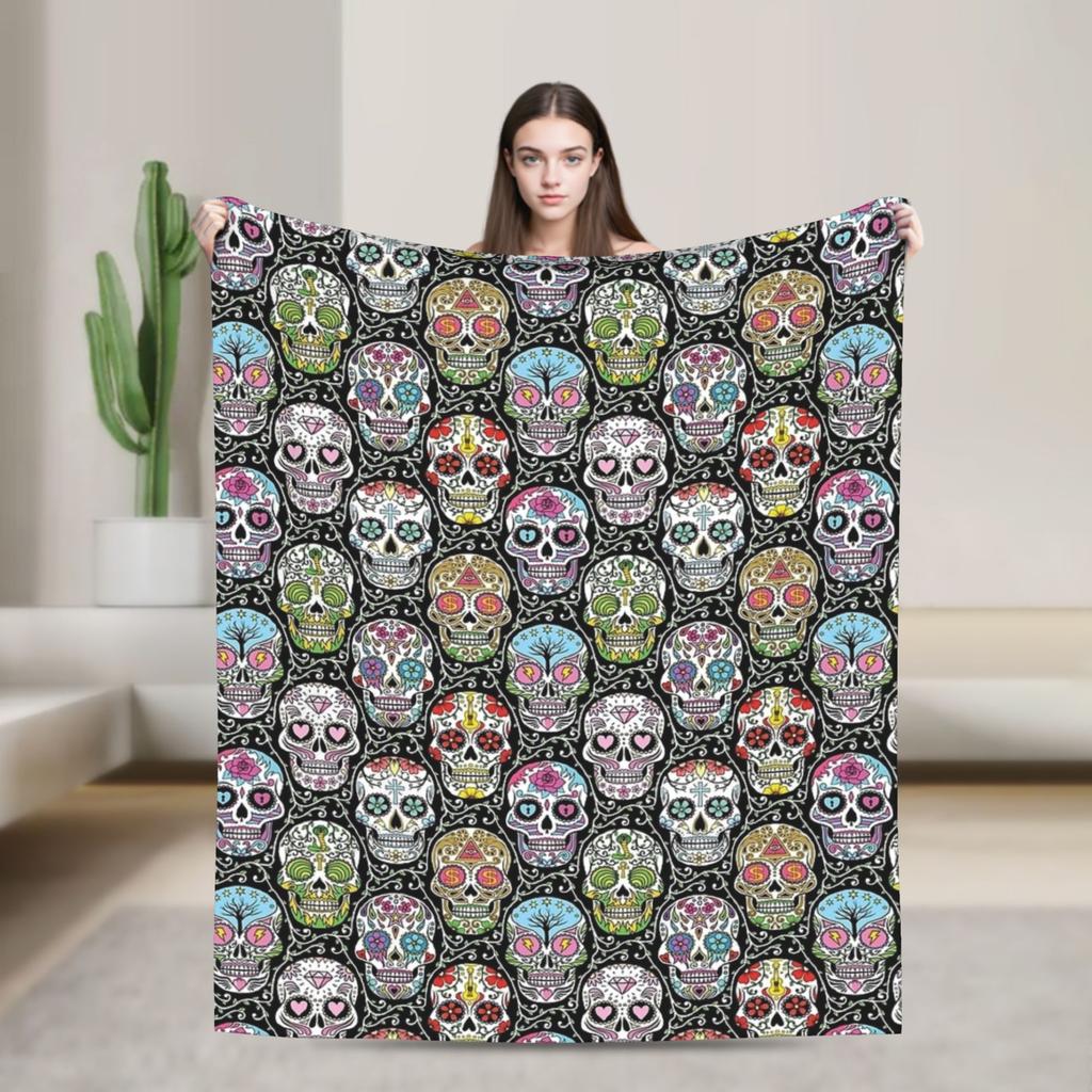 Sugar Skull Day of the Dead Blankets Gothic Mexican Skeleton Halloween Flannel Funny Warm Throw Blankets for Home Spring/Autumn
