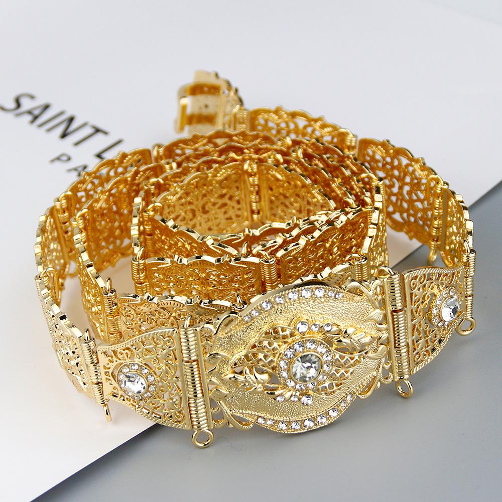 Gold Color Crystal Thin Belt For Women Waist Chain Adjustable Length Ethnic Bride Wedding Jewelry