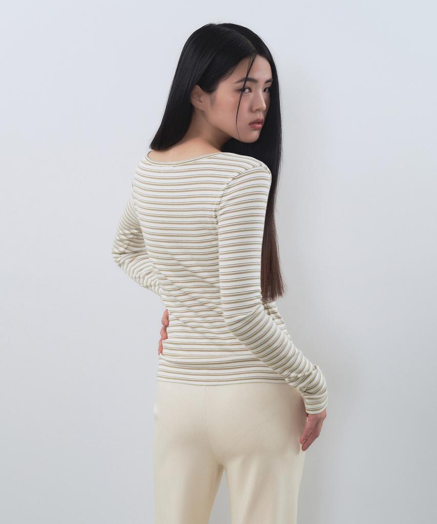 MUSINSA STANDARD WOMAN Women'S Striped Ribbed Slim Long Sleeve T-Shirt [Cream]