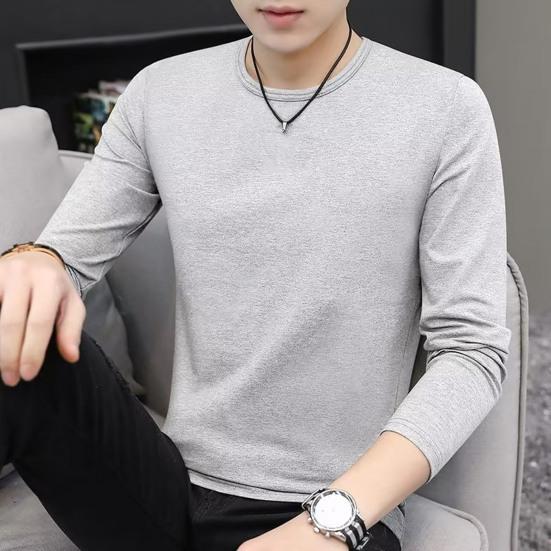 Men Top Solid Color Long Sleeve Round Neck Tee for Daily Wear Mid Length Lightweight Material Casual Style Sport Bottoming T-shirt