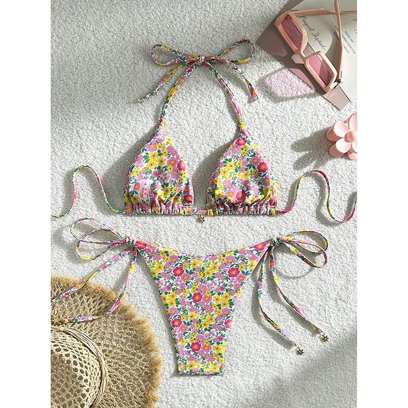 Сексуальный женский купальник из двух частей с цветочным принтом, треугольный бюстгальтер пуш-ап, комплект бикини, на шнуровке, на бретелях, с открытой спиной, пляжная одежда для отпуска