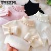 Girls' Sweater with High Collar and Lace Collar Winter One-piece Velvet Children's Solid Color Sweater with Thick Velvet Sweater