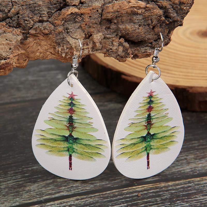 European & American Creative Christmas Tree PU Earrings with Double-Sided Leopard Print