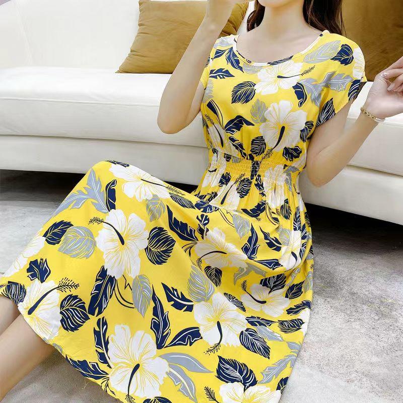 Летнее платье из хлопка и шелка в этническом стиле с цветочным принтом, модное элегантное платье больших размеров с короткими рукавами и средней длиной