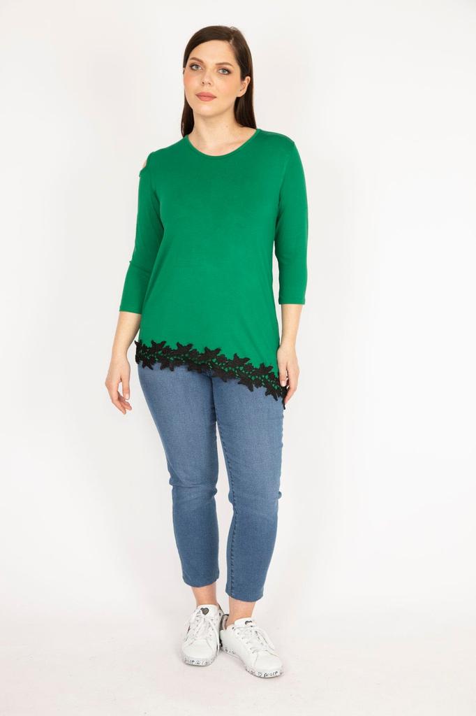 Женская блузка большого размера, зеленая блузка больших размеров на одно плечо с глубоким вырезом и кружевным подолом