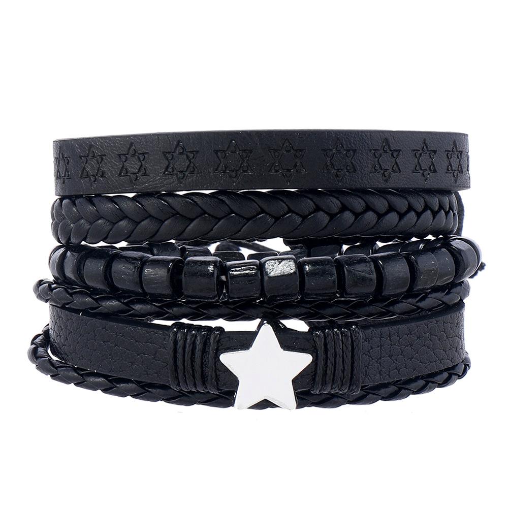 Европейский и американский Новый темный стиль Сплав Пятиугольный кожаный браслет Набор из четырех предметов Мужской кожаный браслет Прямая продажа от производителя