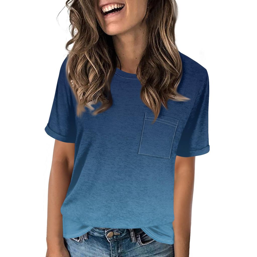 Women's Pocket Gradient Print Summer Short Sleeve Round Neck Casual Loose T-shirt Top