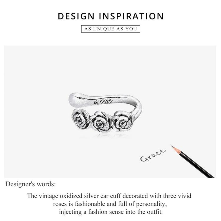 Bisaer 1 шт., винтажные штабелируемые манжеты в форме розы, настоящее серебро 925 пробы, зажим для ушей в стиле ретро с цветами для женщин, ювелирные украшения, свадебный подарок