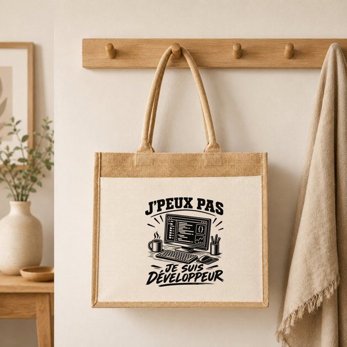 Sac cabas - PLANETEE - J’peux pas je suis Développeur - Toile de jute et coton - 43×33×21 cm - Anses coton 65 cm