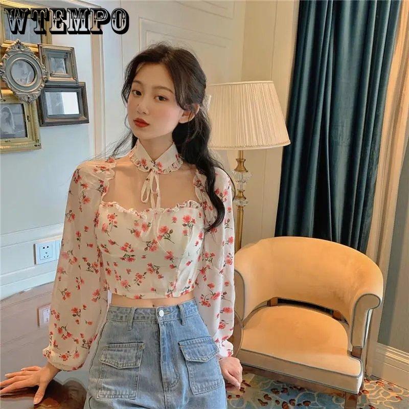 WTEMPO Y2K Floral Printed Blouses Women Tunic Chiffon Cropped Tops Spring Sweet Vintage Casual Holiday All-Match Girl's Shirts