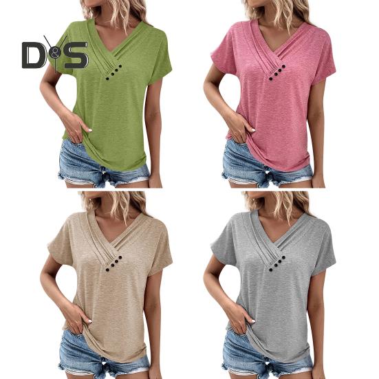 Женская футболка с V-образным вырезом, коротким рукавом, свободный крой, пуговицы, декор, однотонный пуловер, топы, повседневная одежда