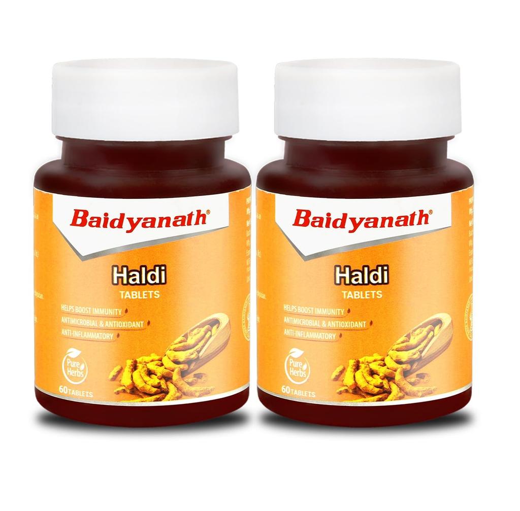 Baidyanath Таблетки с куркумой Упаковка из 2 штук по 60 таблеток каждая по 250 мг Натуральный экстракт куркумы для иммунитета, сияния кожи и поддержки здорового пищеварения