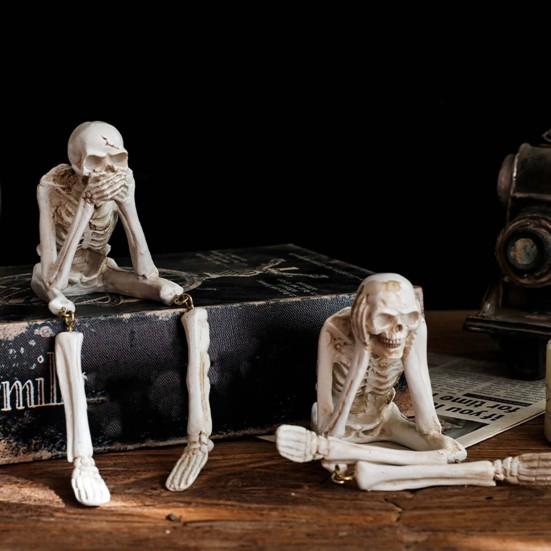 Украшения в виде скелета на Хэллоуин, сидящие фигурки черепов из смолы, подвижные суставы, статуэтки из костей скелета, реалистичное украшение для дома, книжной полки, стола