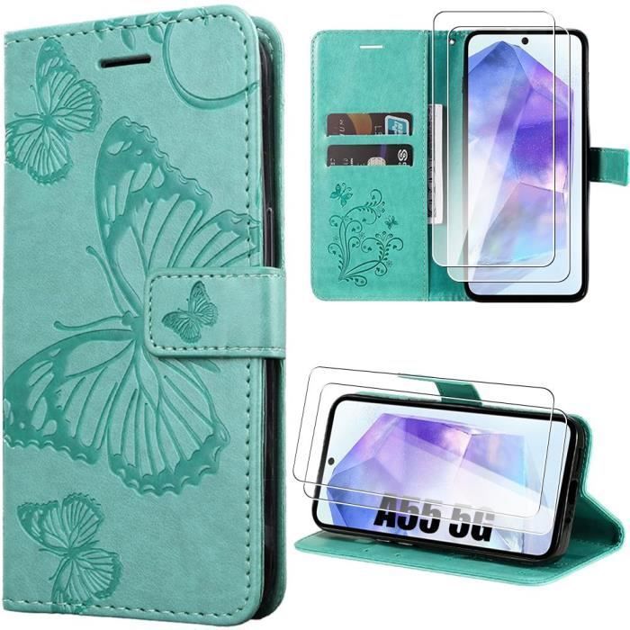 Coque de protection - BOOLING - pour Samsung Galaxy A05s - Motif Papillon - Vert - 2 Verres Trempés