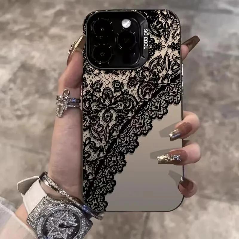 Роскошный ретро-чехол с цветочным узором для iPhone 15 14 13 12 11 Pro Max X XR XS Max Стильный черный кружевной узор Ударопрочная задняя крышка