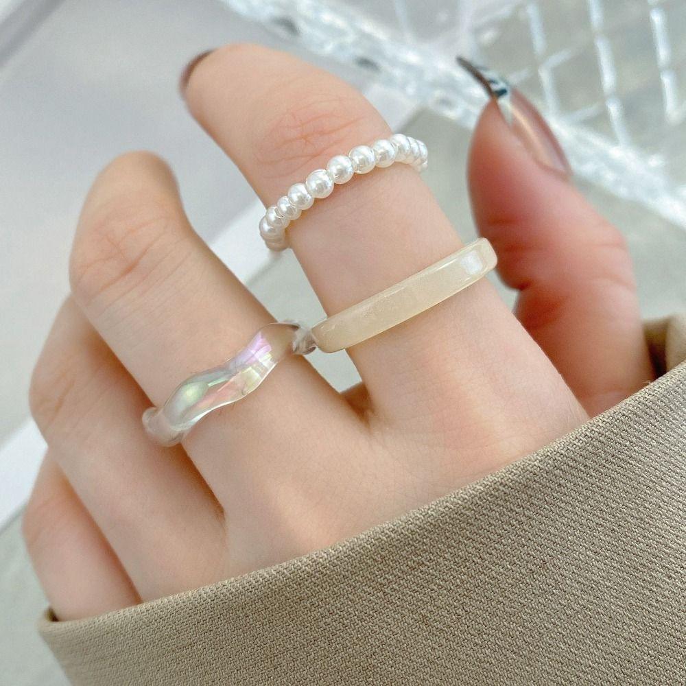 Street Essentials Women Pearl Ring Set Popular Accessories Korean Style Resin Ring Party Favors