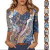 Женские топы Рубашка с рукавом три четверти V-образный вырез Свободная повседневная рубашка Футболка с принтом
