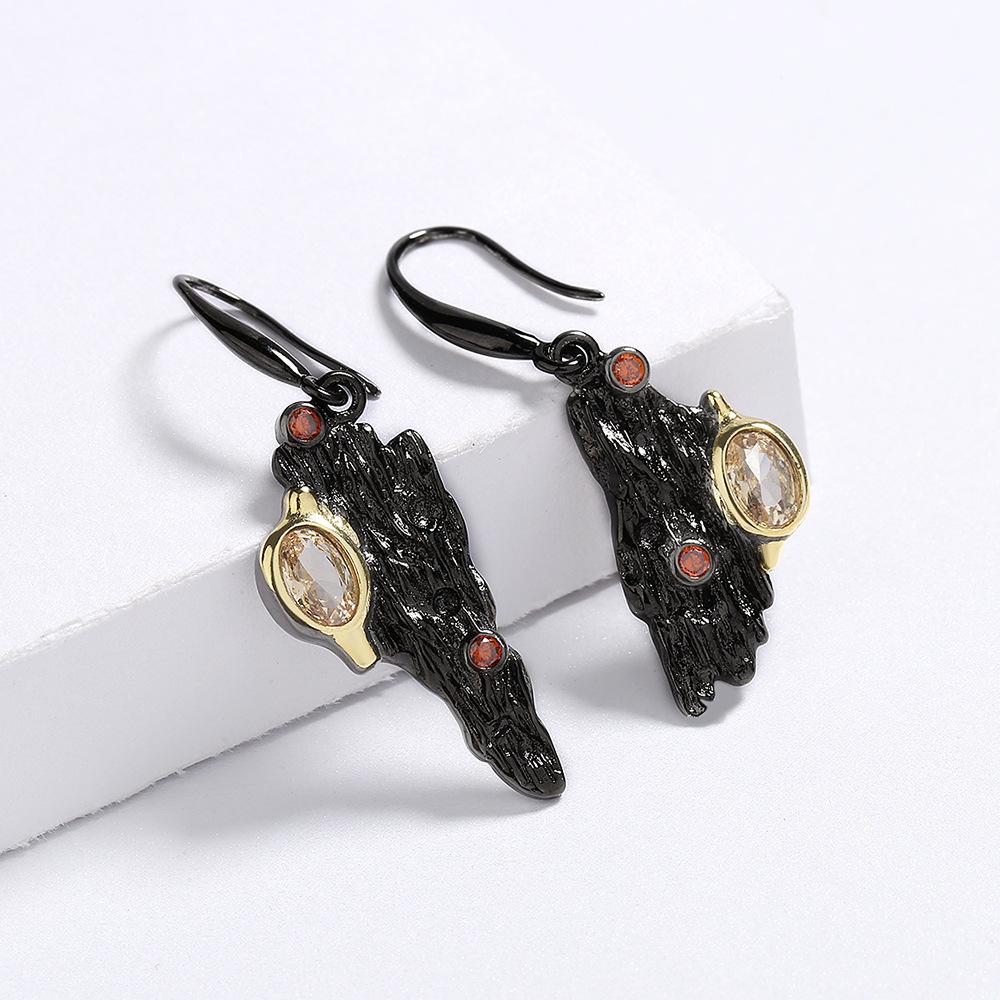 Необычные серьги в богемном стиле с янтарем и цирконием, ювелирные изделия из черного золота, асимметричные женские серьги, креативные ювелирные изделия, серьги-капли