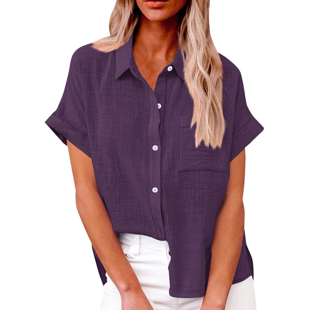 Women's Loose Casual Short Sleeve Lapel Button With Pocket Solid Colour Shirt Top