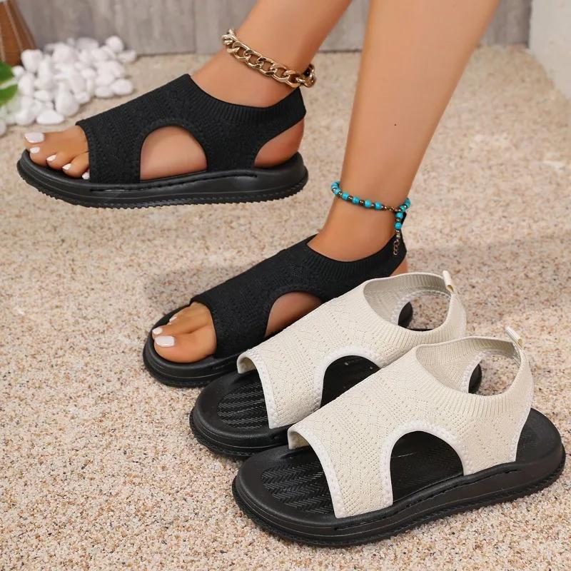 Мода 2025 Летняя мода Женские сандалии Круглый носок Толстая подошва Однотонные Спортивная обувь Сетчатые Дышащие Сандалии с открытым носком для женщин
