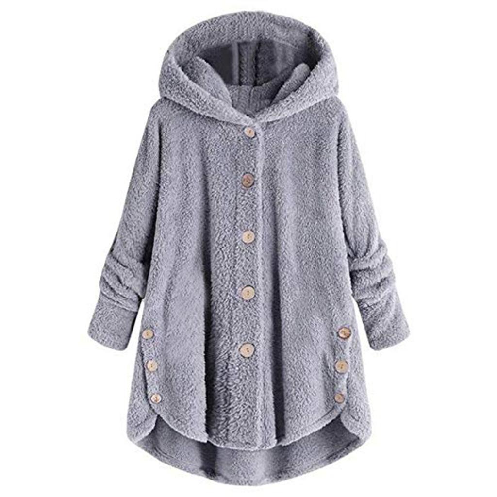 Женская модная однотонная плюшевая свободная повседневная куртка с капюшоном и пуговицами