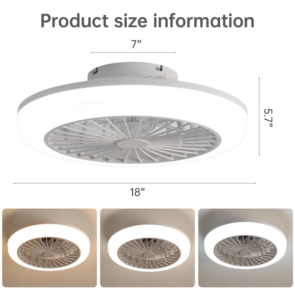 18-Inch (46 cm) Flat Ceiling Fan with Light and Remote Control – Modern Bladeless Design for Bedroom, Kitchen and Dining Room
